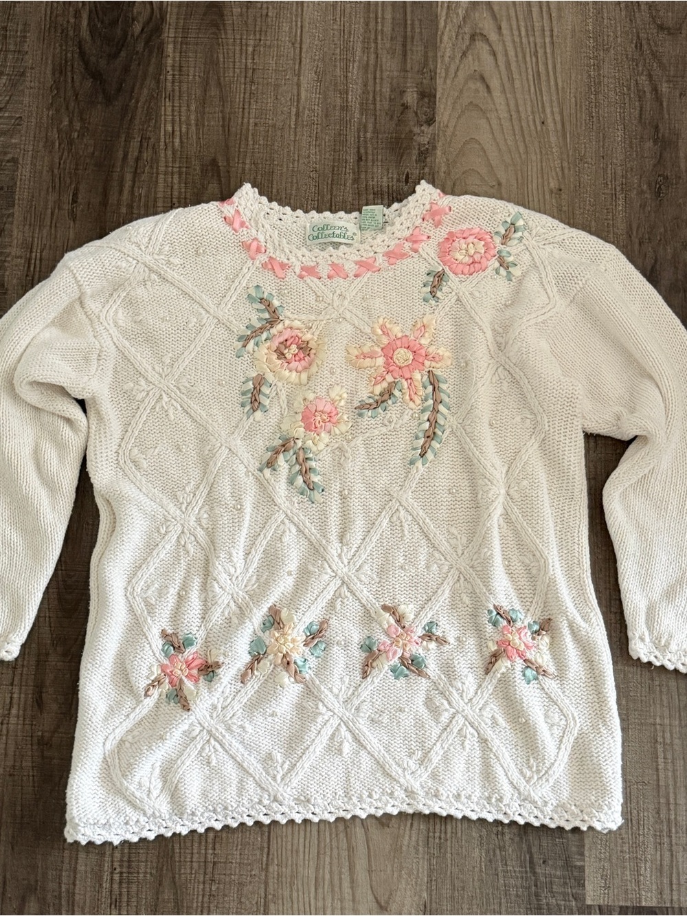Vtg 80s 90s Cream Knit Floral Ribbon Embroidery Sweater Sz L Coquette
